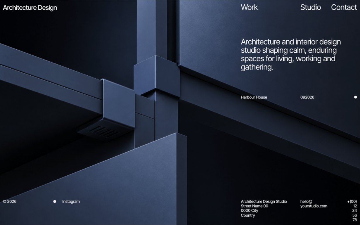 Architecture Design home screen on desktop, the studio statement set over a dark steel frame junction
