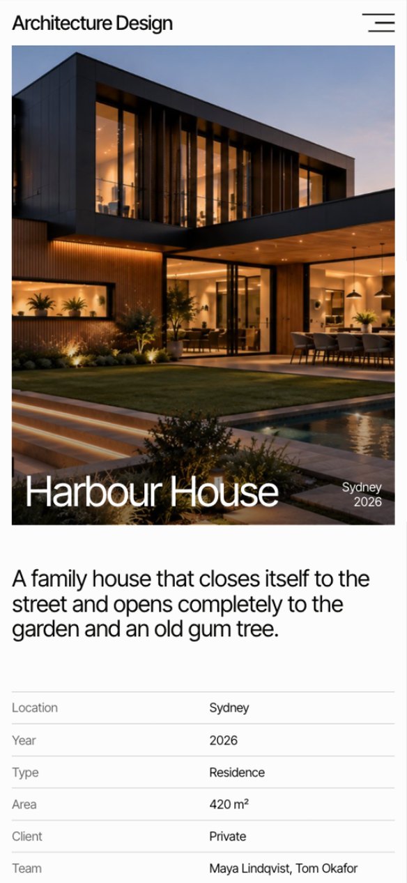 Harbour House project page on a phone, its location, year, type and area listed under the cover