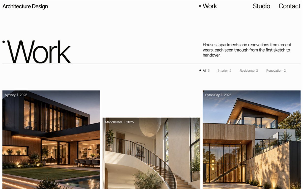 Architecture Design works index on desktop, six projects filtered by interior, residence and renovation