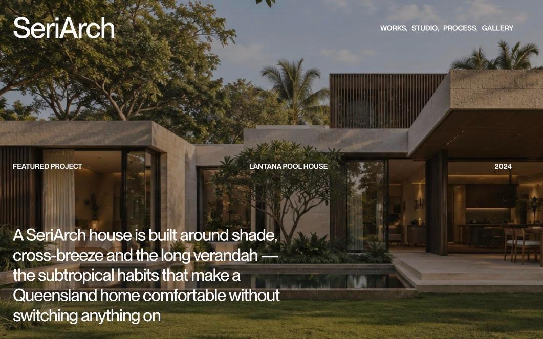 SeriArch home screen on desktop, the studio statement set over a featured house